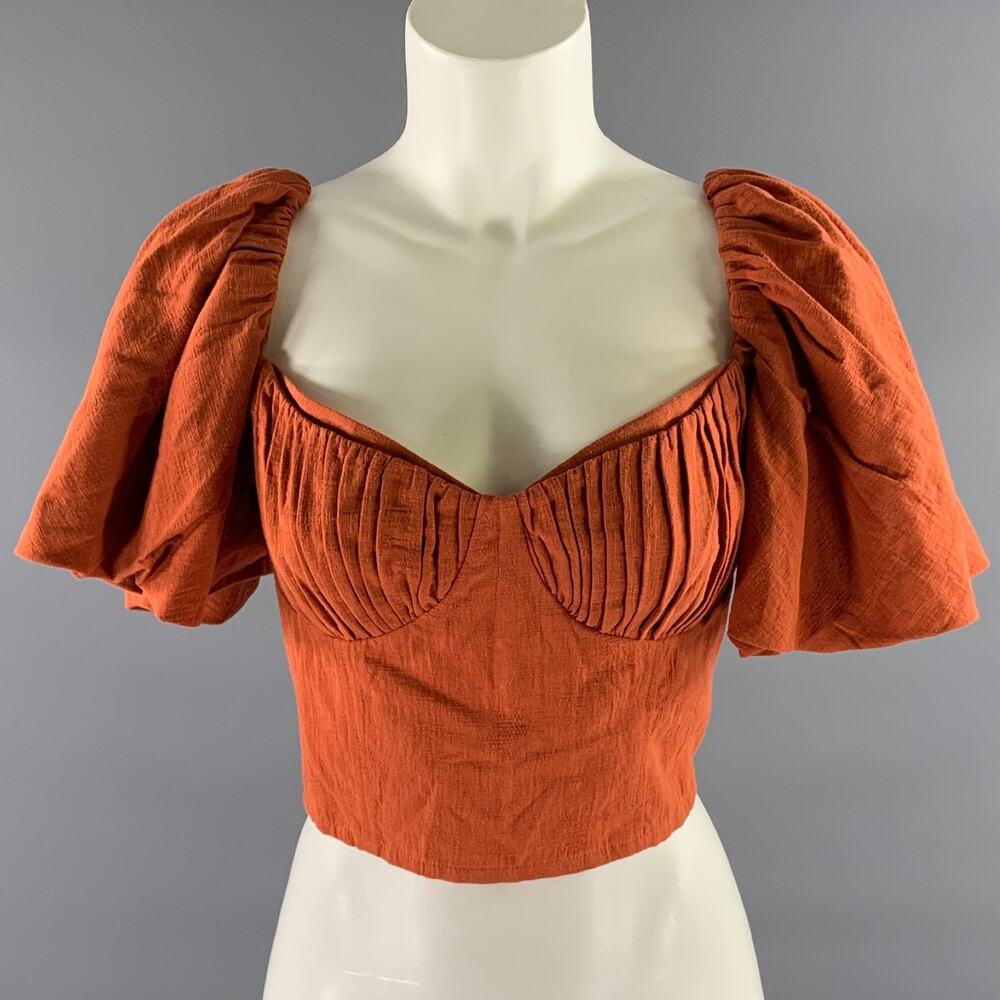 JONATHAN SIMKHAI Size 8 Orange Rust Linen Cotton Ruffle Shoulder Cropped Top